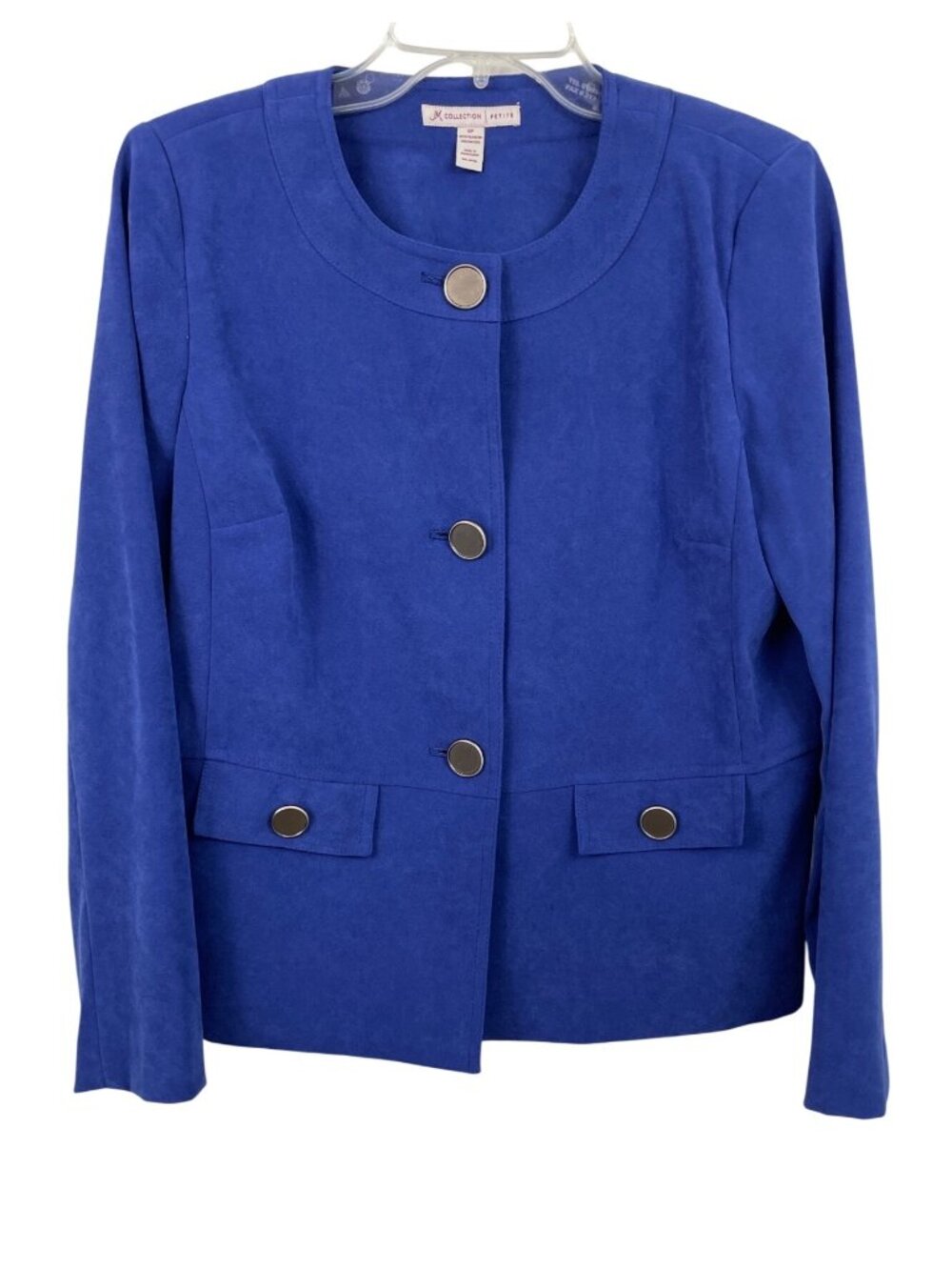 JM Collection Petite Royal Blue Button-Front Jacket Womens Size 8P Faux Suede